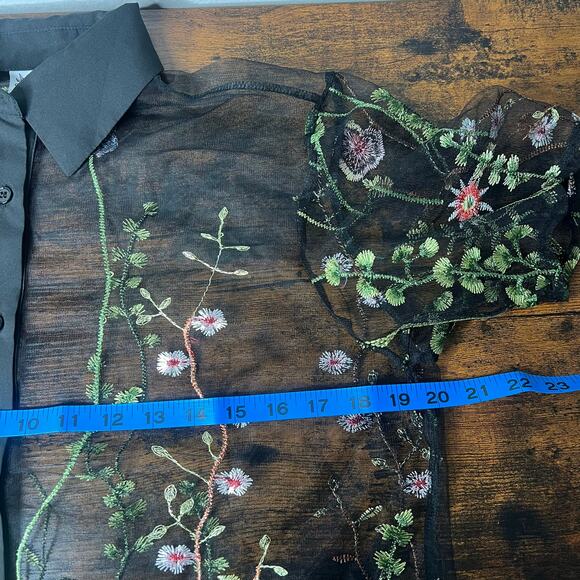 Sheer Mesh Black Embroidered Floral Top Women M Whimsigoth Dark Romantic Y2K 90s - Picture 10 of 13